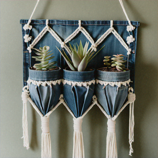 Upcycled Denim Planter Wall Hanging with Macramé Details